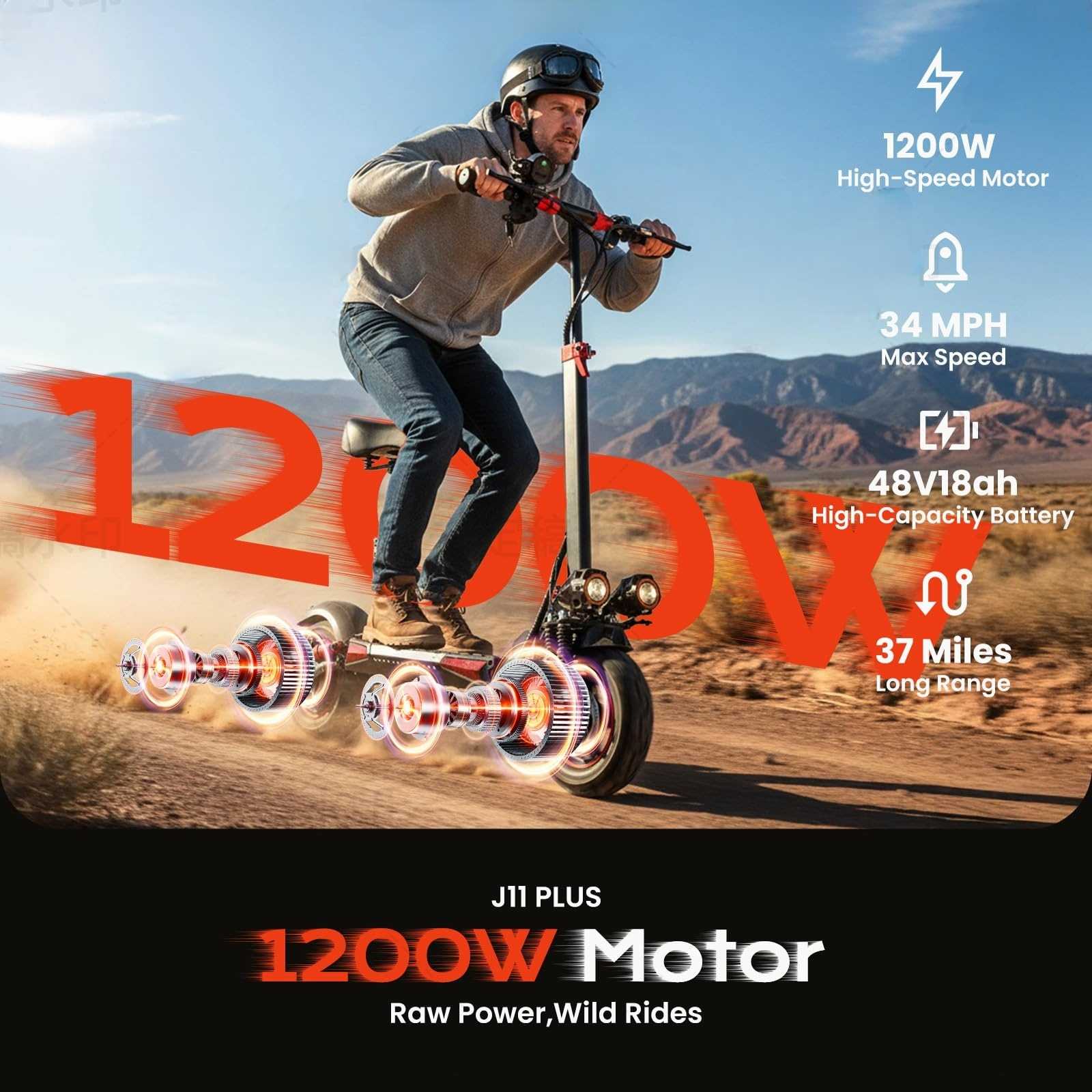 1200W Electric Scooter for Adults,48V21AH,37 Mile Max Range,34MPH Top Speed,11" Off-Road Tires