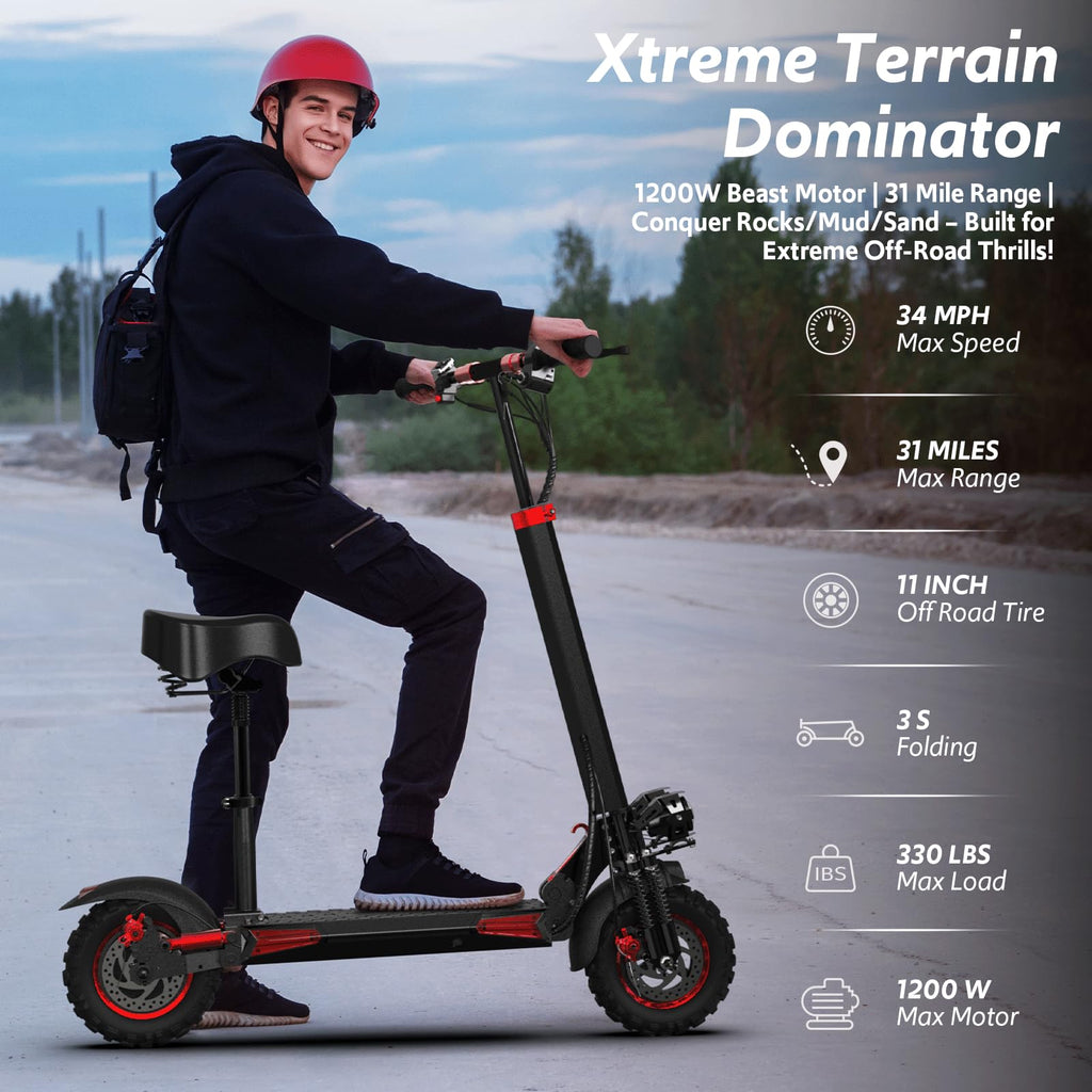 1200W Electric Scooter for Adults,48V21AH,37 Mile Max Range,34MPH Top Speed,11" Off-Road Tires